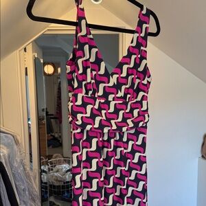 Jude Connally Pink and Navy Geometric Midi Dress